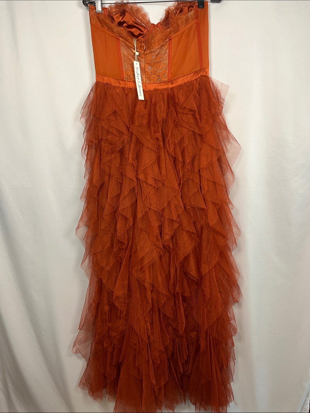For love & lemons NWT bustier strapless lace tulle ruffle gown rust sz L - Picture 7 of 12